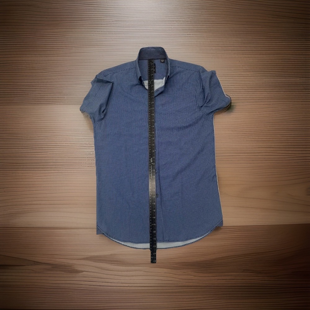 Michael Strahan Mens Sz Med Dark‎ Blue Geometric Short Sleeve Button Down Shirt